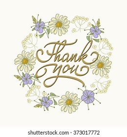 Card template with hand drawn flower border and hand written Thank You text. Vector illustration EPS10