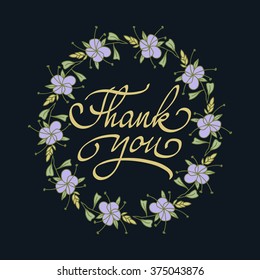 Card template with hand drawn flower border and hand written Thank You text. Vector illustration EPS10