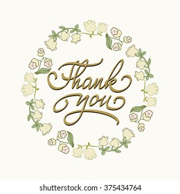 Card template with hand drawn flower border and hand written Thank You text. Vector illustration EPS10
