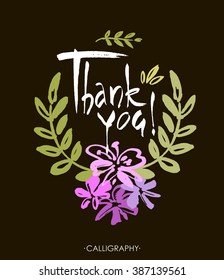 Card template with hand drawn flower border and hand written Thank You text. Vector illustration EPS10