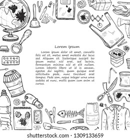 Card template with hand drawn garbage. Plastic pollution collection. Vector