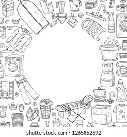 Card template with hand drawn laundry icons. Collection of sketched objects.  Home laundry service. Accessories for washing and drying clothes