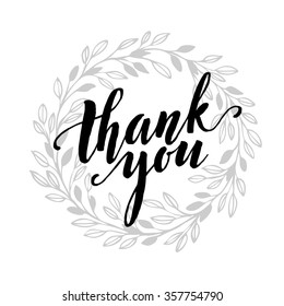 Card template with hand drawn leaf border and hand written Thank You text. Vector illustration EPS10