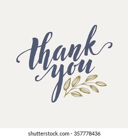 Card template with hand drawn leaf border and hand written Thank You text. Vector illustration EPS10