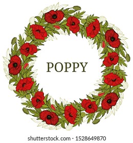 Card, template with hand drawn leaves, branch and flowers poppy. Poppy day great remembrance war world flanders. Wreath with leaves and twigs.  Vector color illustration.