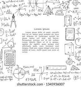 Card template with hand drawn mathematics formules and other elemets. Science collection. Vector doodlle illustration