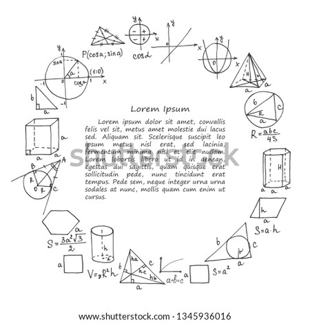 Card template with hand drawn mathematics formules and other elemets. Science collection. Vector doodlle illustration