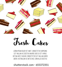Card template with hand drawn pieces of cakes for flyer, brochure, card.