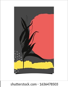 Card template with hand drawn textures and black branch silhouette. Design element for  greeting card, postcard, poster. 