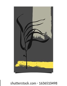Card template with hand drawn textures and black branch silhouette. Design element for  greeting card, postcard, poster. 