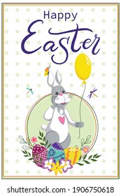 Card template with handwritten inscription Happy Easter, cute bunny with balloon and decorated eggs, flowers. Vector illustration. Brush lettering, calligraphy. Hand drawn font. Spring holidays