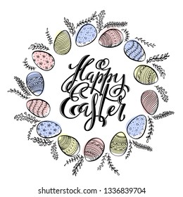 Card template for Happy Easter with hand drawn calligraphy and decorative easter eggs with pattern. Vector illustration.
