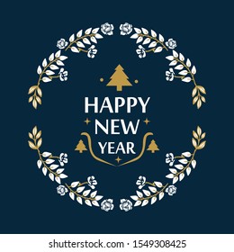 Card template happy new year with white leaf flower frame, isolated on dark blue background. Vector