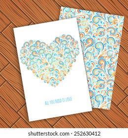 Card template with heart, wave pattern, vector illustration