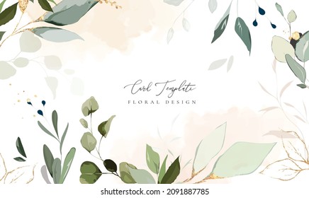 card template with herbs, leaves.  Wedding invite. decorative greeting background with watercolor and gold