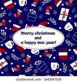 Card template with holiday attributes for Christmas and New Year. Vector illustration on a blu background. For congratulations, advertising flyers, invitations. 