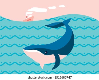 Card template with huge white whale swimming under the small steamboat. Flat style vector illustration.