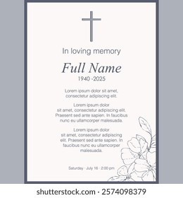 Card template with illustration of grey flowers and cross