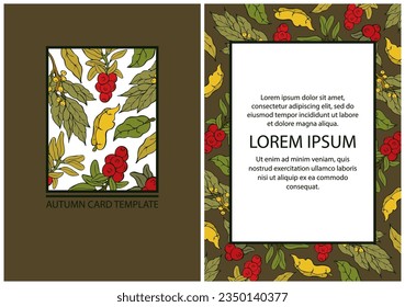 Card template, invitation with autumn botany. Pattern from hand drawn falling leaves, branches with berries on a brown background, a simple geometric frame for text. Vector illustration.