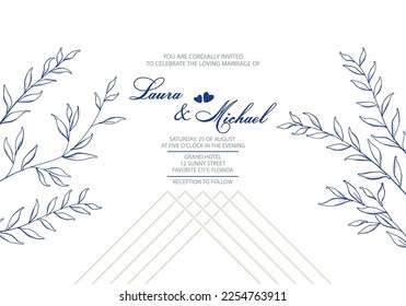 Card, template for the invitation. Curved blue branches on a white background with geometric lines. Invitation to a wedding or other holiday. Vector illustration.