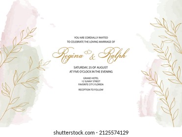 Card, template for the invitation. Gold twigs with leaves on a gentle watercolor background. Invitation to a wedding or other holiday.