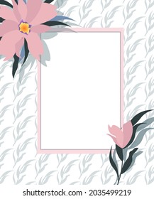 Card template for invitations and congratulations. Pink magnolia flowers and frame for text. Vector illustration. For flyers and cards,, flower shops, birthdays and weddings.