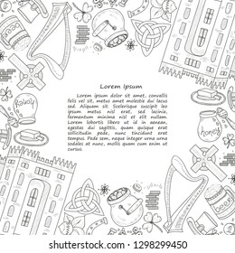 Card template with Ireland related hand drawn icons including irish coffee; irish round tower and others. Doodle vector Ireland related collection