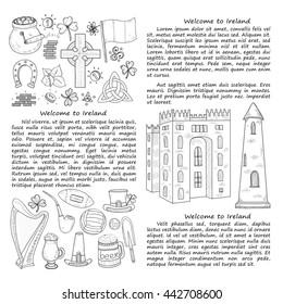 Card template with Ireland related hand drawn icons including irish coffee; irish round tower and others. Doodle vector Ireland related collection