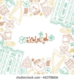 Card template with Ireland related hand drawn icons including irish coffee; irish round tower and others. Doodle vector Ireland related collection