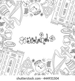 Card template with Ireland related hand drawn icons including irish coffee; irish round tower and others. Doodle vector Ireland related collection