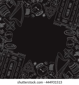 Card template with Ireland related hand drawn icons including irish coffee; irish round tower and others. Doodle vector Ireland related collection