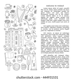 Card template with Ireland related hand drawn icons including irish coffee; irish round tower and others. Doodle vector Ireland related collection