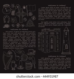 Card template with Ireland related hand drawn icons including irish coffee; irish round tower and others. Doodle vector Ireland related collection
