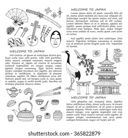 Card template with  Japanese related hand drawn icons including sakura, pagoda, teapots, food and others. Doodle vector Japanese related collection