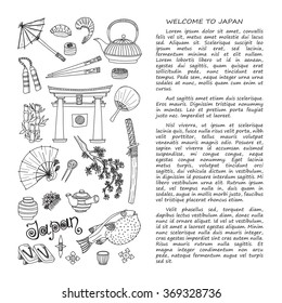 Card template with  Japanese related hand drawn icons including sakura, torii, teapots, food, fugu fish and others. Doodle vector Japanese related collection