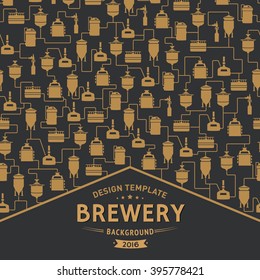 Card template with label on background with beer brewery elements, icons, logos, design elements. Brewing process, brewery factory production elements, traditional beer crafting. Vector