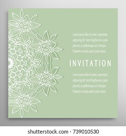 Card template with lace mandala border, frame element. Decorative openwork filigree art background for Wedding, Valentine's day greeting cards, Birthday Invitations