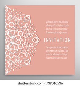 Card template with lace mandala border, frame element. Decorative openwork filigree art background for Wedding, Valentine's day greeting cards, Birthday Invitations
