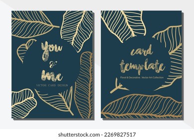 Card template leaf gold color and blue color background vector illustration design wallpaper collection