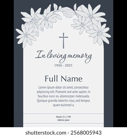 Card template with light blue flowers and cross vector illustration