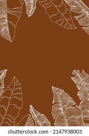 Card template with linear tropical leaves. Hand drawn vector illustration on terracotta background.