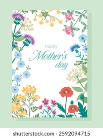 Card template Mothers day with flowers. Hand-drawn vector illustration in flat style.