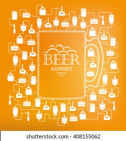 Card template - mug with label on background with beer brewery elements, icons, logos, design elements. Brewing process, brewery factory production elements, traditional beer crafting. Vector