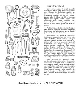 Card template on medical theme including equipment , medical tools and drugs. Vector hand drawn medical collection