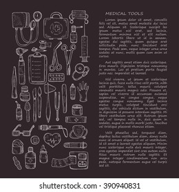 Card template on medical theme including equipment , medical tools and drugs. Vector hand drawn medical collection