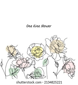 Card template with one line drawing roses and abstarct shapes. Hand drawn single line flower