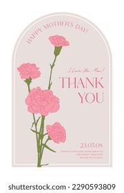 Card template with pink carnation flower illustration design for 'Mother's Day' concept. Simple and stylish thank you card, panel design illustration graphic set in arched frame.