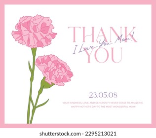 Card template with pink carnation flower illustration design for 'Mother's Day' concept. Simple and stylish thank you card, panel design illustration graphic set in arched frame.