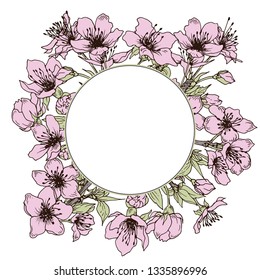 Card template with pink cherry blossom. Spring sakura flowers. Hand drawn vector.