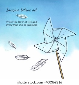 Card template with pinwheel, feathers and inspirational text